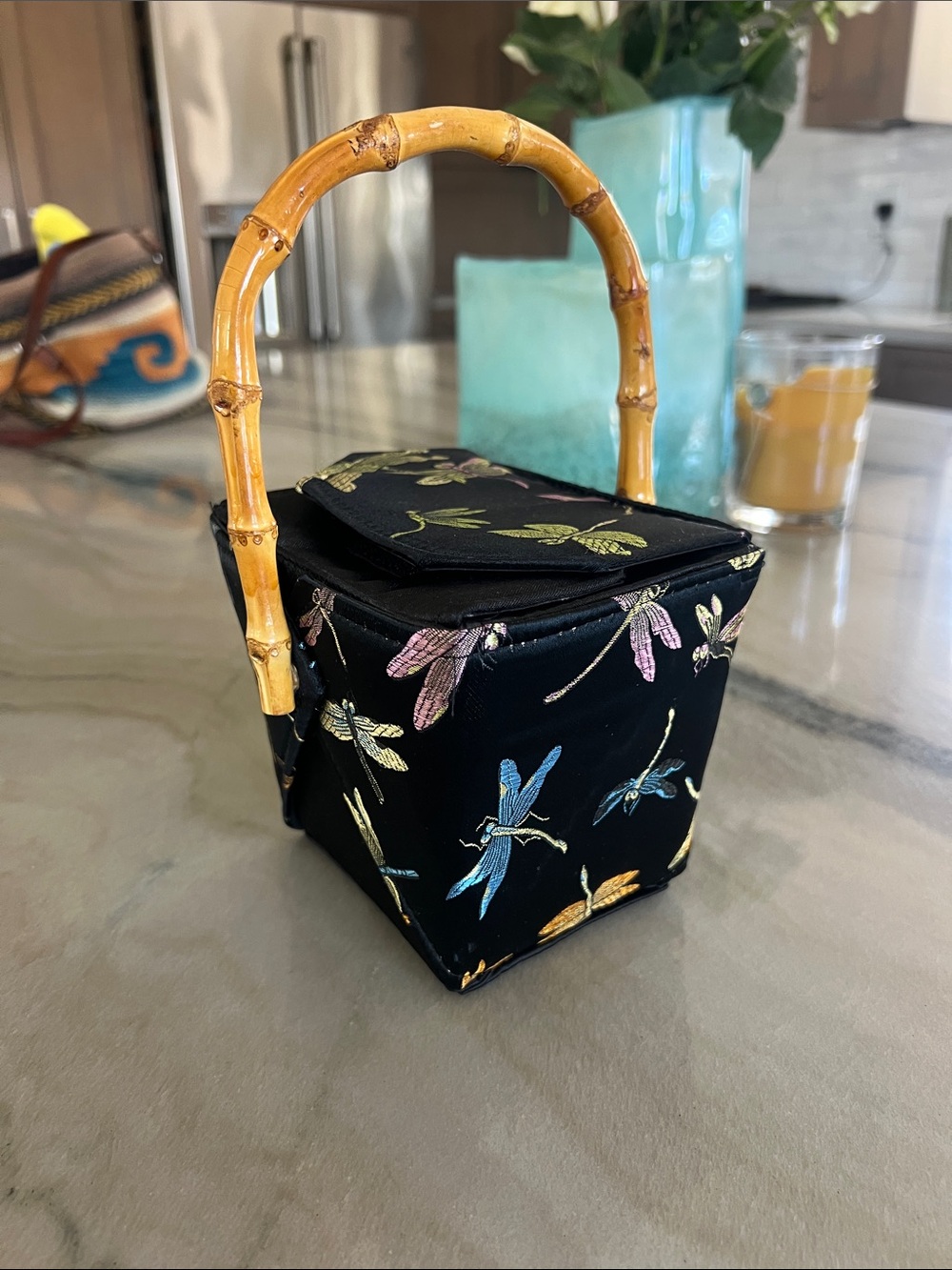 Black Dragonfly Embroidered Bamboo-Handle Box Bag